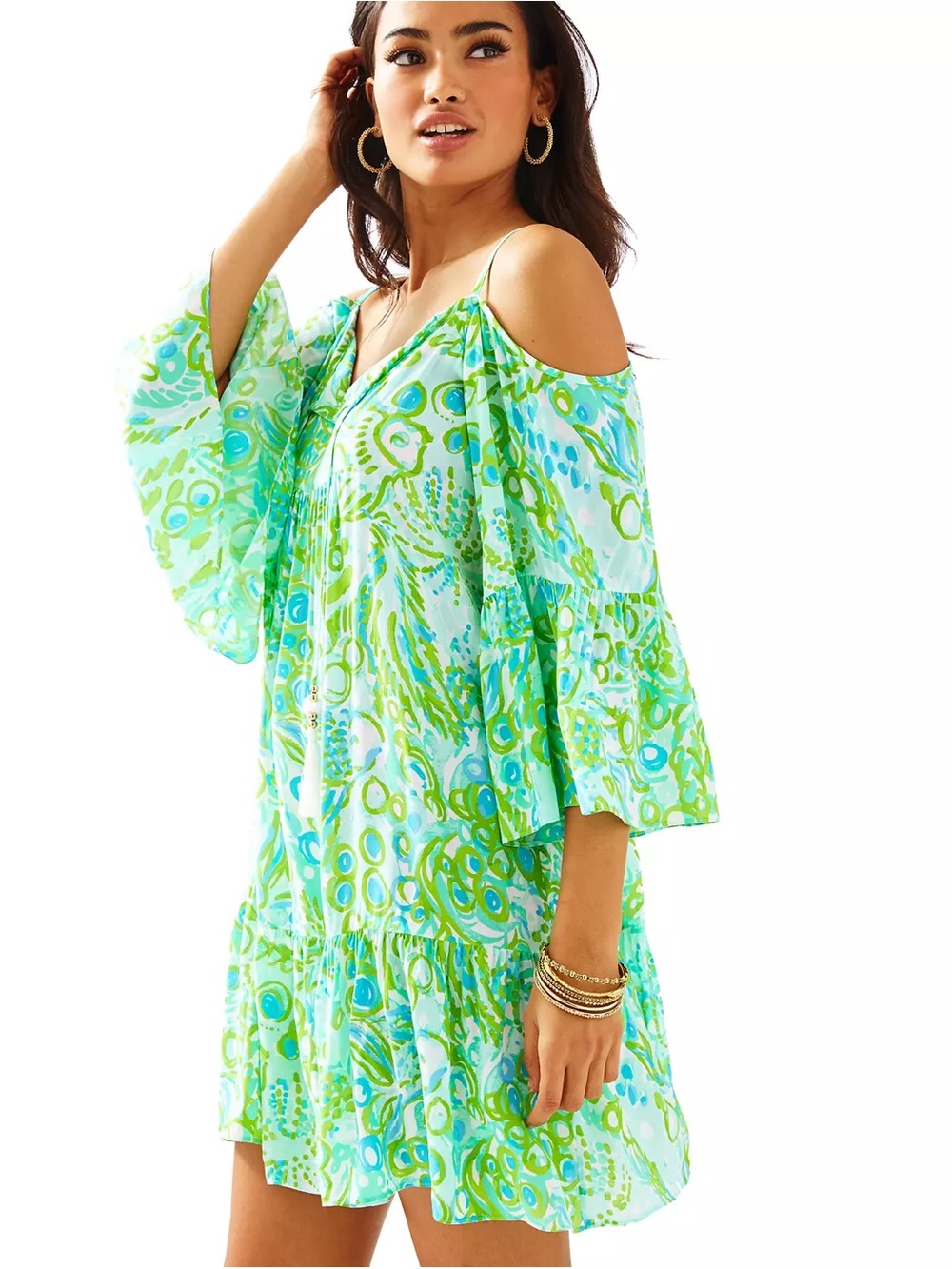 Lilly Pulitzer Aqua and Lime Cold-Shoulder Mini Dress